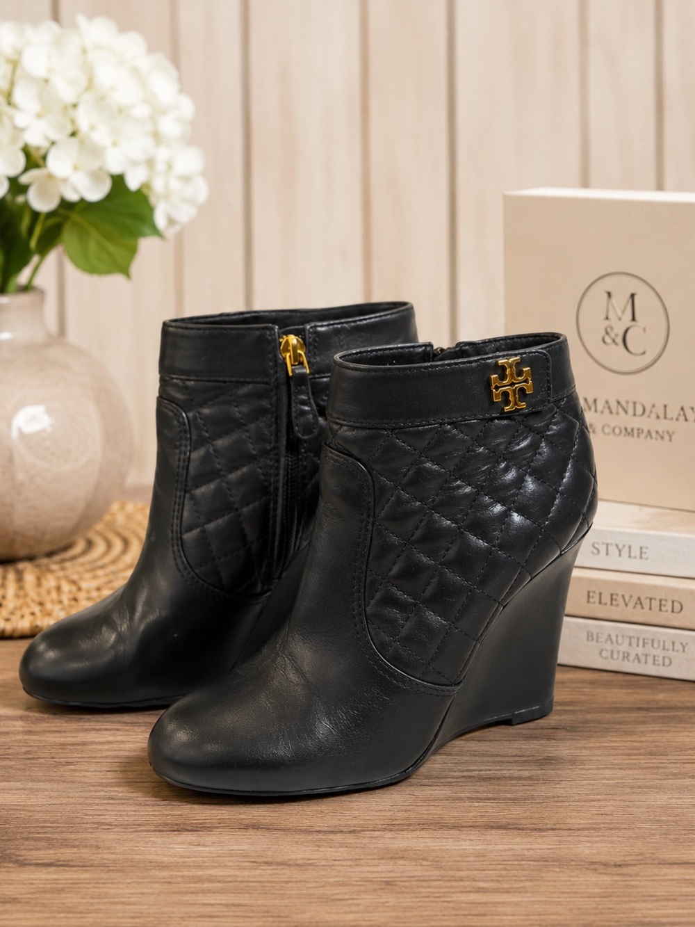 Tory Burch Leila Black Quilted Leather Wedge Ankle Booties Gold Logo Zip Size 8M